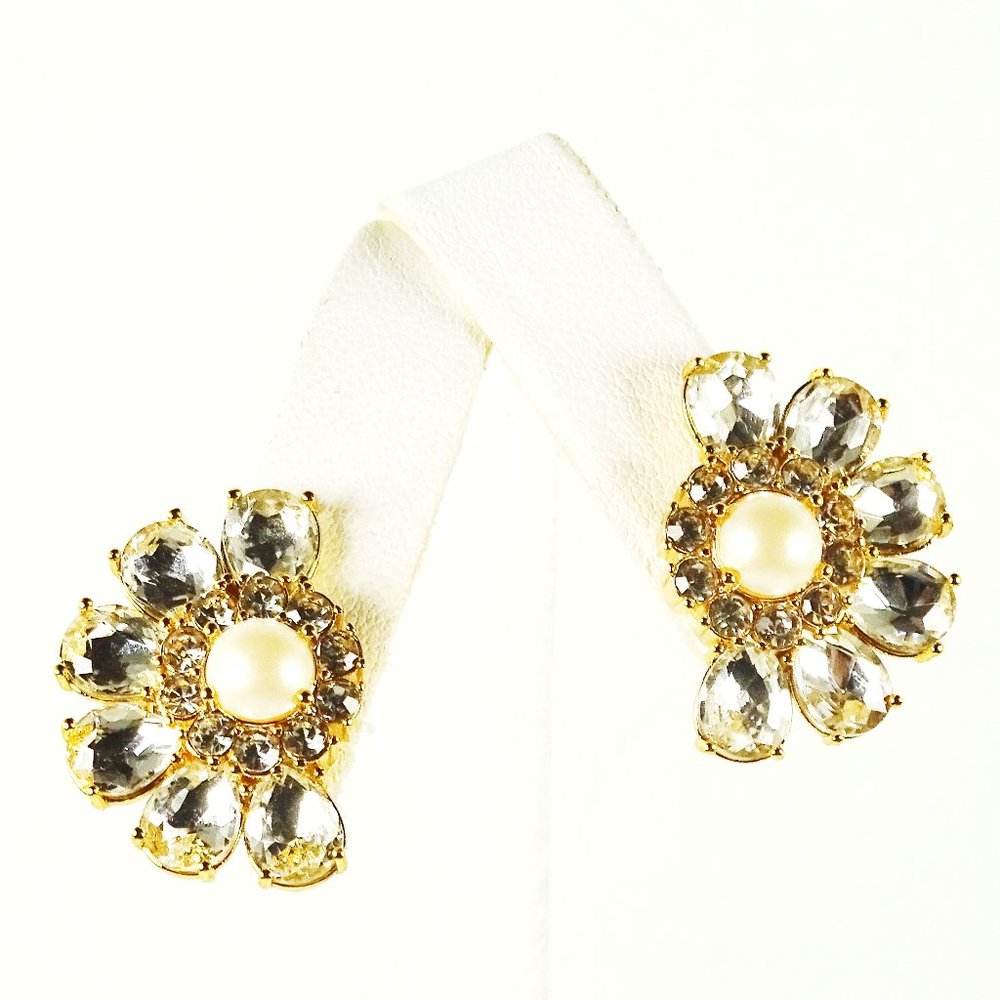 KATE SPADE Gold Plated Metal Clear Crystals Faux Pearl Stud Earrings